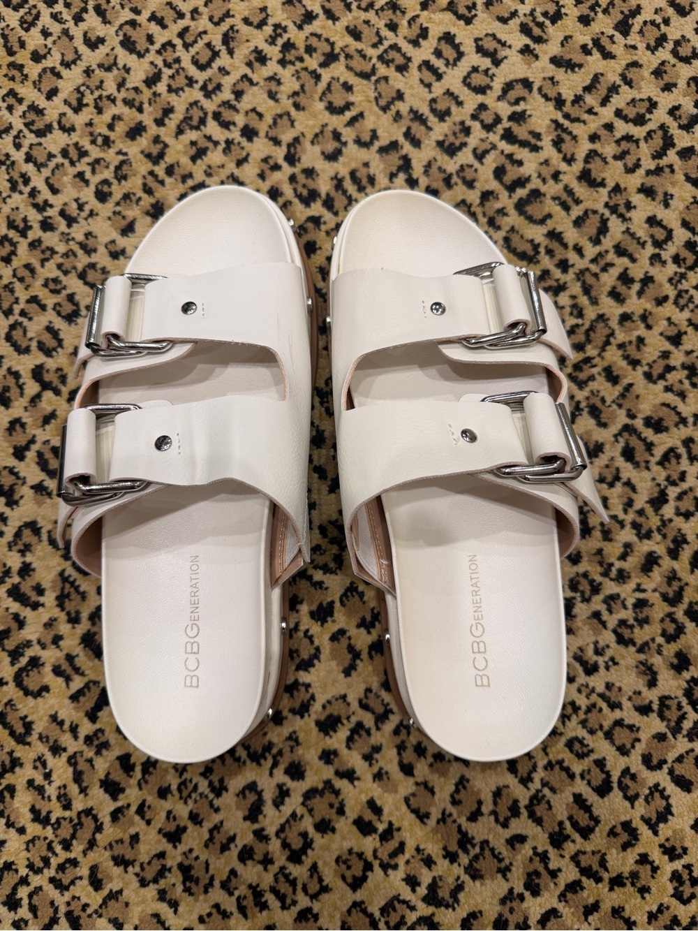 BCBGeneration Cream Double-Buckle Slide Sandals